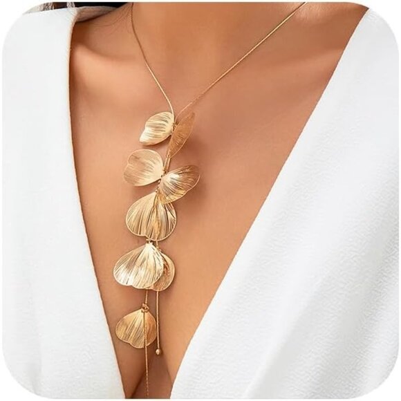 Women's Statement Gold Ginkgo Leaves Choker Long Tassel Beachy Party Necklace - Picture 1 of 9